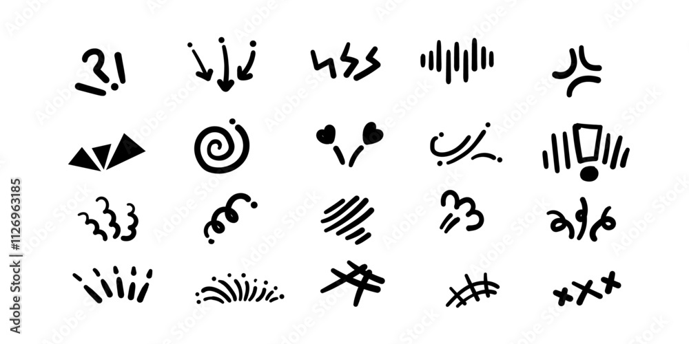 Naklejka premium Cartoon sign and line set,Hand drawn comics squiggly line pack,expressive background line collection.