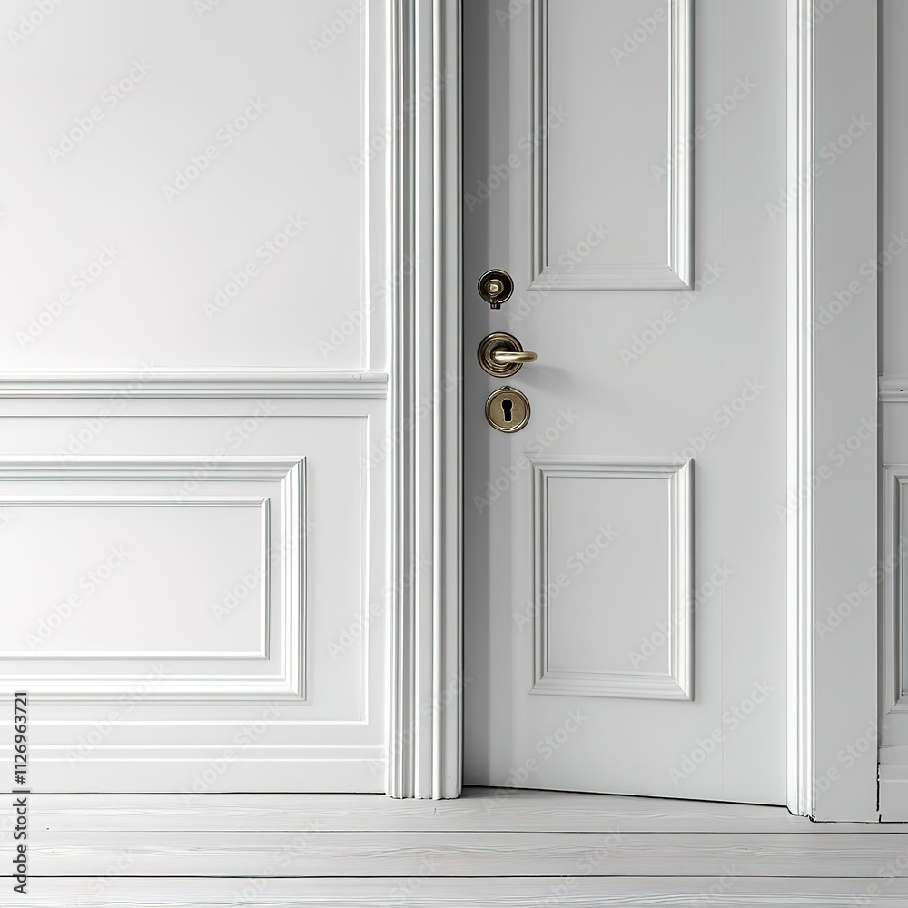A white door with a gold handle is open A white door with a gold handle is open