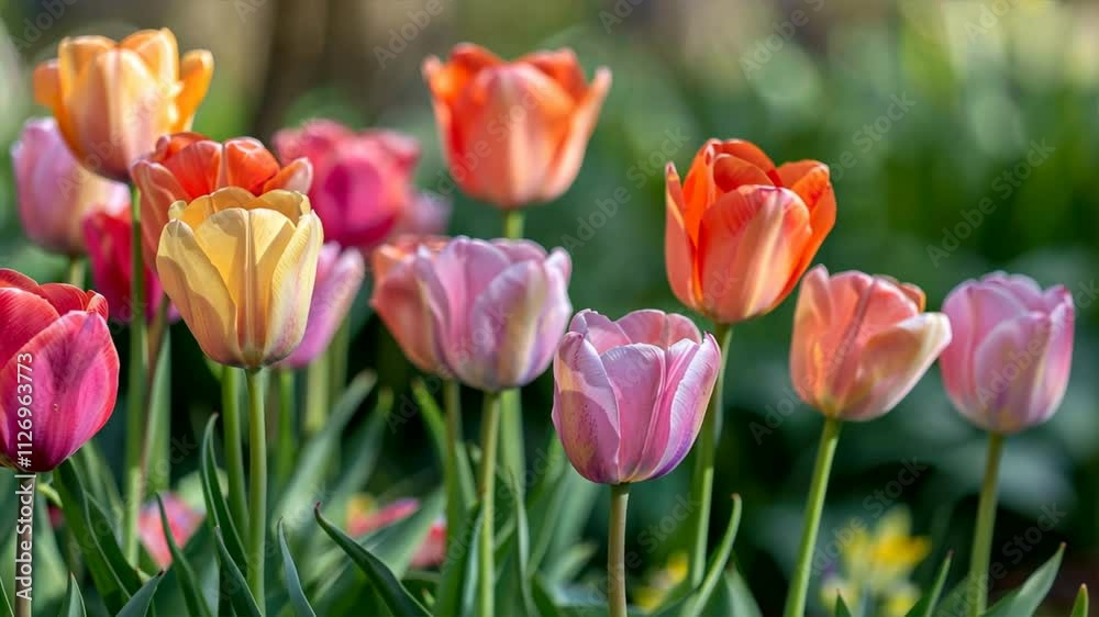 Colorful Tulips Blooming in Spring Garden Vibrant Display of Pink, Orange, and Yellow Flowers Creating Joyful Atmosphere in Nature. Colorful Tulips Blooming in Spring Garden Vibrant Display of Pink, Orange, and Yellow Flowers Creating Joyful Atmosphere in Nature.