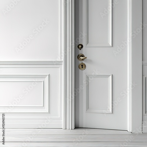 A white door with a gold handle is open