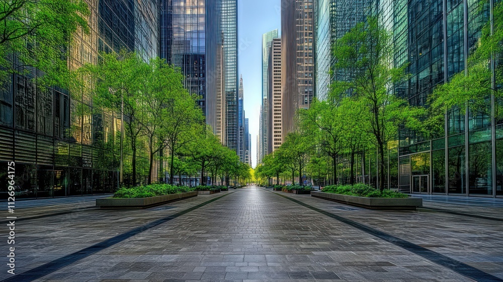 A serene urban pathway lined with greenery and towering skyscrapers. A serene urban pathway lined with greenery and towering skyscrapers.