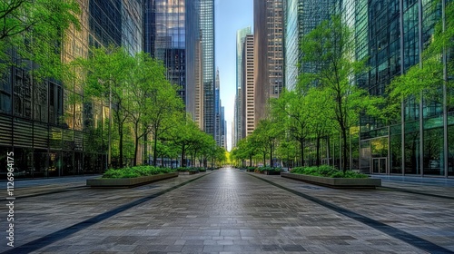 A serene urban pathway lined with greenery and towering skyscrapers.