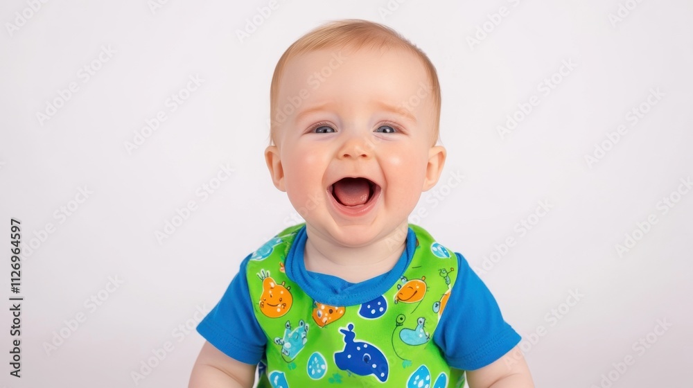 Happy Baby with Blue Eyes and Bright Smile in Colorful Outfit Happy Baby with Blue Eyes and Bright Smile in Colorful Outfit