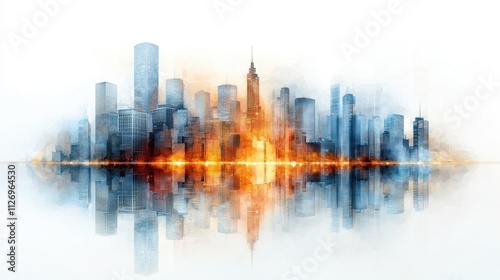 The abstract cityscape painting features a dynamic composition of overlapping buildings in various shades of blue and gray, conveyed through bold and textured brushstrokes