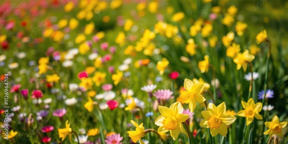 Fototapeta premium Vibrant daffodil flowers blooming in a lush field under the sun, countryside, outdoors