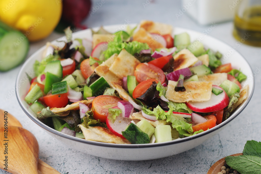 A bowl with Fattoush - Traditional Levantine salad A bowl with Fattoush - Traditional Levantine salad