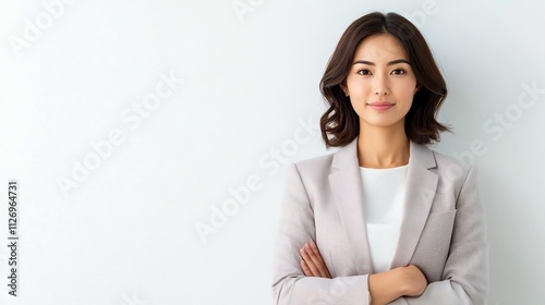 Confident Asian Businesswoman Posing in Tailored Office Attire Against White Background