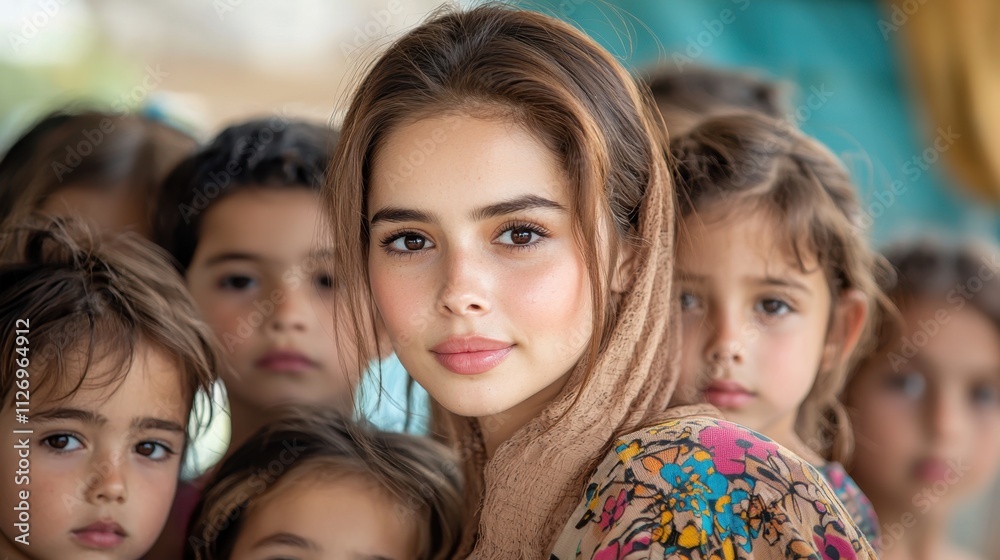 The beautiful teacher exudes warmth and kindness as she gazes at the camera, surrounded by a group of eager young learners, each wearing a look of admiration and trust in their eyes. The beautiful teacher exudes warmth and kindness as she gazes at the camera, surrounded by a group of eager young learners, each wearing a look of admiration and trust in their eyes.