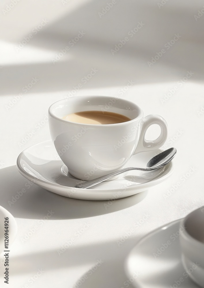 Stylish Minimalist White Coffee Cup with Saucer and Spoon on Clean Surface, Ideal for Morning Rituals and Cafe Experiences, Emphasizing Simple Aesthetics and Warm Coffee Stylish Minimalist White Coffee Cup with Saucer and Spoon on Clean Surface, Ideal for Morning Rituals and Cafe Experiences, Emphasizing Simple Aesthetics and Warm Coffee