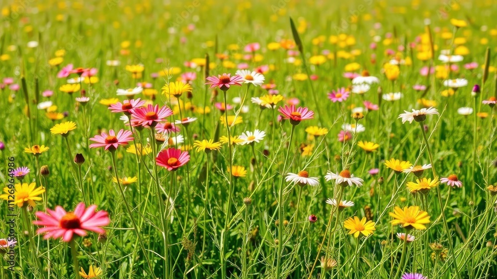 Vibrant daffodil flowers stand tall in a vast field of green grass under a clear blue sky, picturesque, spring Vibrant daffodil flowers stand tall in a vast field of green grass under a clear blue sky, picturesque, spring