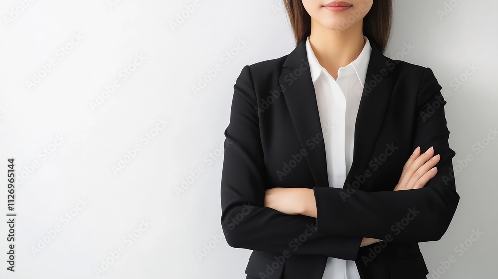 Confident Asian Businesswoman in Corporate Attire with Crossed Arms Against White Backdrop Confident Asian Businesswoman in Corporate Attire with Crossed Arms Against White Backdrop