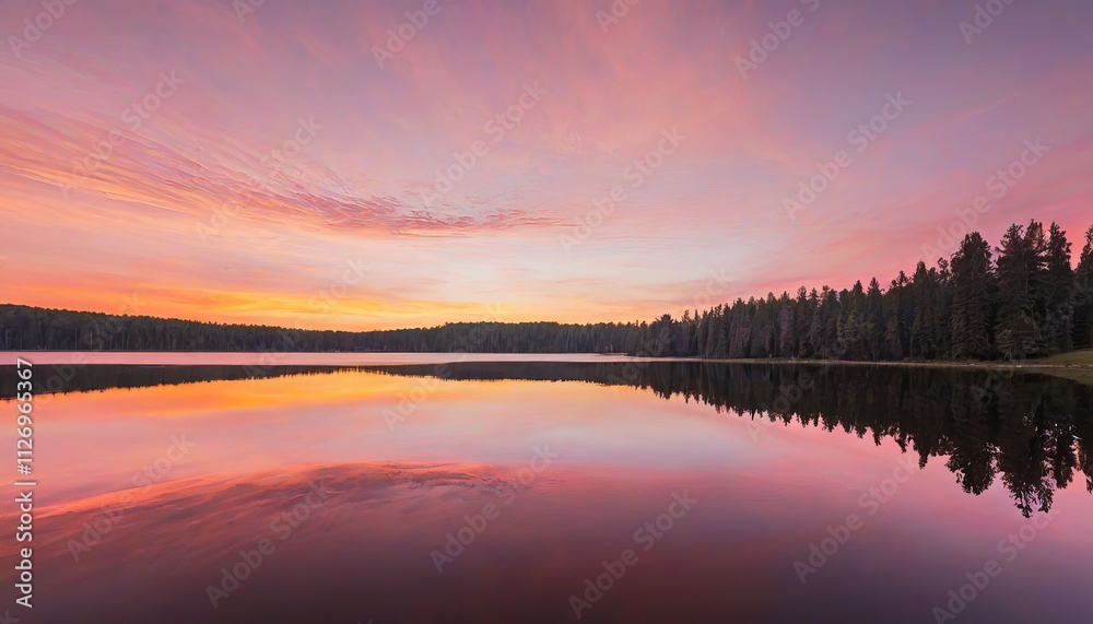 Vibrant Sunset Reflecting On A Calm Lake Surrounded By Forest Vibrant Sunset Reflecting On A Calm Lake Surrounded By Forest