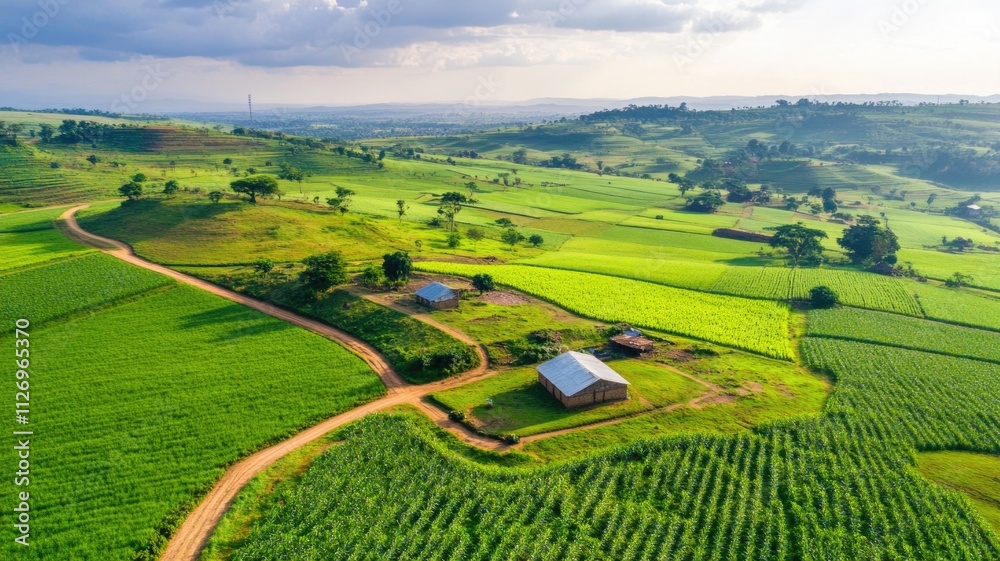 Aerial view of lush green countryside landscape with farm buildings and dirt road Aerial view of lush green countryside landscape with farm buildings and dirt road