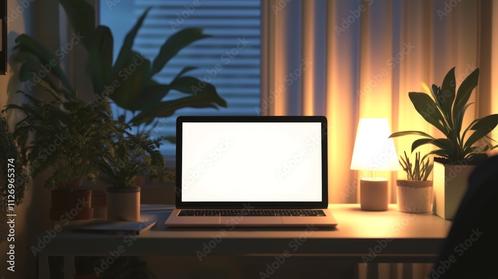 Fototapeta premium Laptop on Desk with Plants at Night: Cozy Home Office Setup