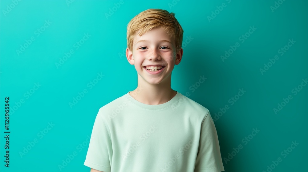 Boy with blonde hair is smiling and wearing a green shirt