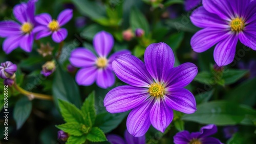 Vibrant purple flower petals and leaves, vibrant, colorful