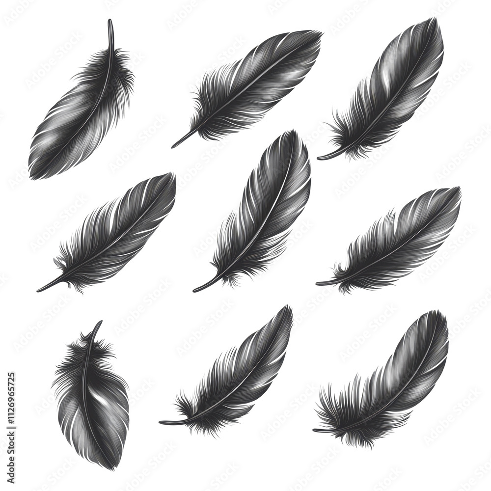 Feathers set vector illustration with quills and wings in a vintage style Feathers set vector illustration with quills and wings in a vintage style