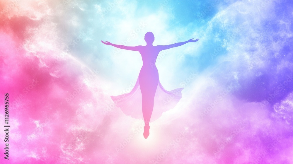 Ethereal Woman Surrounded by Colorful Clouds with Dreamy Background Ethereal Woman Surrounded by Colorful Clouds with Dreamy Background
