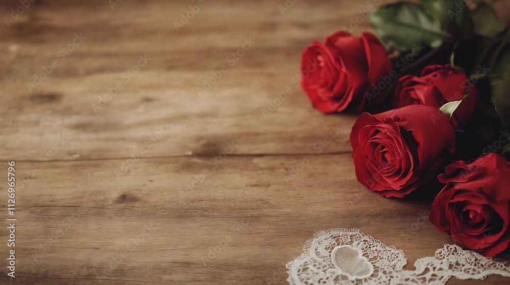 Romantic Red Roses on Rustic Wooden Table with Delicate Lace Romantic Red Roses on Rustic Wooden Table with Delicate Lace