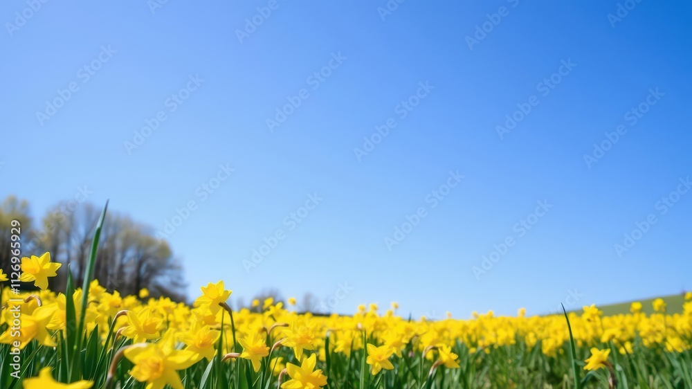 Vibrant yellow daffodil flowers bloom in a vast field under a clear blue sky, landscape, daffodil Vibrant yellow daffodil flowers bloom in a vast field under a clear blue sky, landscape, daffodil