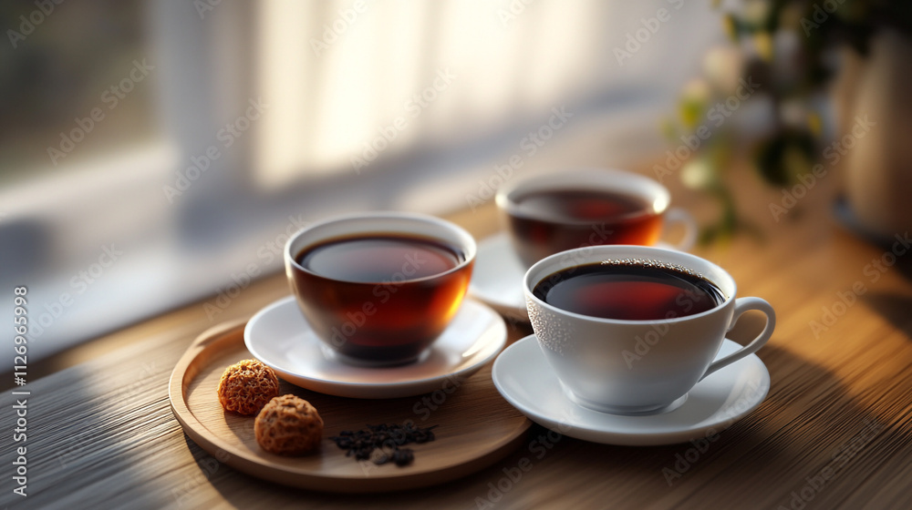 Warm cups of coffee and treats on a wooden table in soft morning light Warm cups of coffee and treats on a wooden table in soft morning light