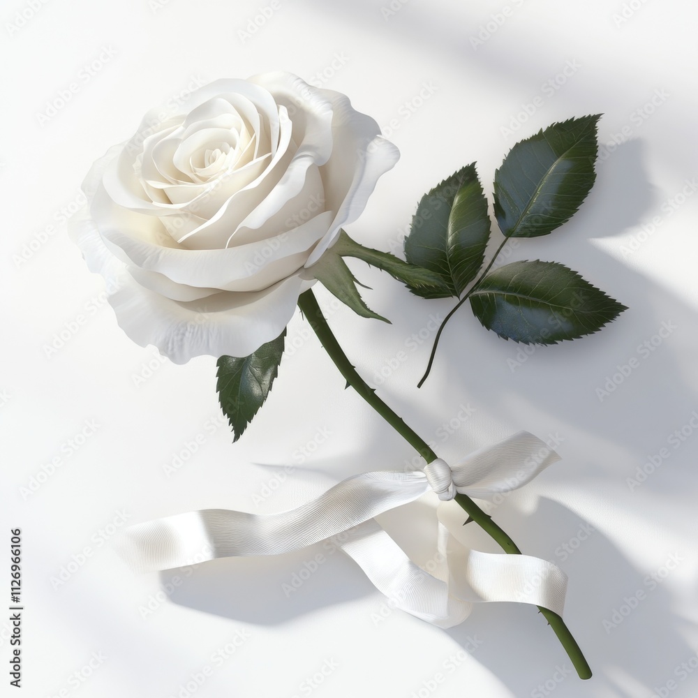 White Rose Isolated on White Background with Green Stem and Petals