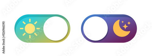 Day night switch web buttons icon vector graphic illustration set, sleep wake up mode ui interface elements, slide toggle light dark on off sliders, moon sun selector image clip art
