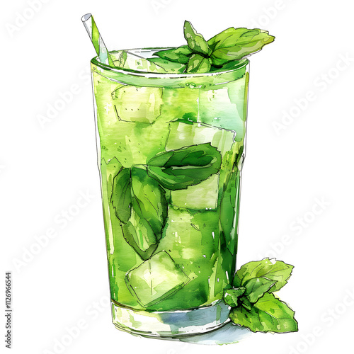 An illustration of a mojito cocktail with ice, lime, and mint, great for summer and cool refreshments. Keywords beverage, cocktail, fresh, summer, tropical, celebration