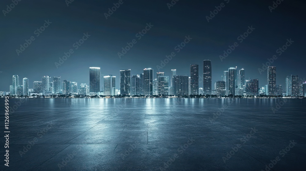 Obraz premium A nighttime city skyline reflecting on a smooth surface, showcasing modern architecture.