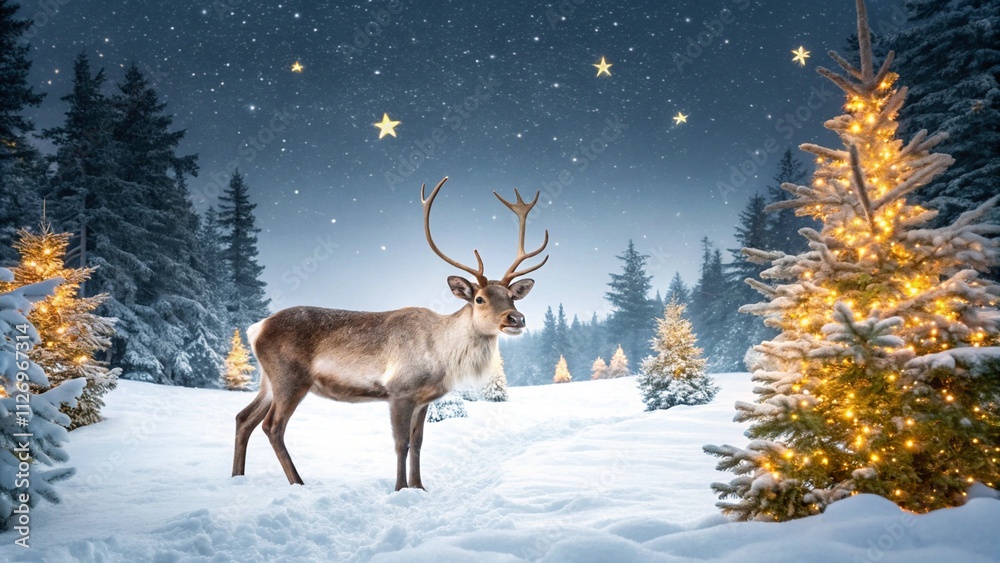Christmas banner with a magical scene of a reindeer in the center in a snowy forest with Christmas trees with lights and stars with space Christmas banner with a magical scene of a reindeer in the center in a snowy forest with Christmas trees with lights and stars with space