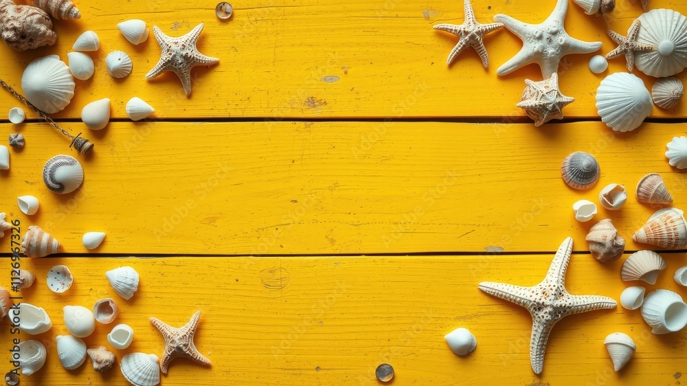 Fototapeta premium Summertime Seashells and Starfish on Yellow Wooden Background