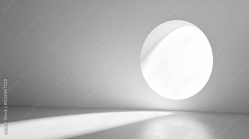 Minimalistic Interior with Round Window Casting Light on White Wall and Floor in Modern Space Minimalistic Interior with Round Window Casting Light on White Wall and Floor in Modern Space
