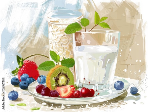 A detailed illustration of a dairy-free breakfast. featuring plant-based milk, fruits, and grains. promoting a nutritious start without dairy. Ideal for breakfast blogs photo