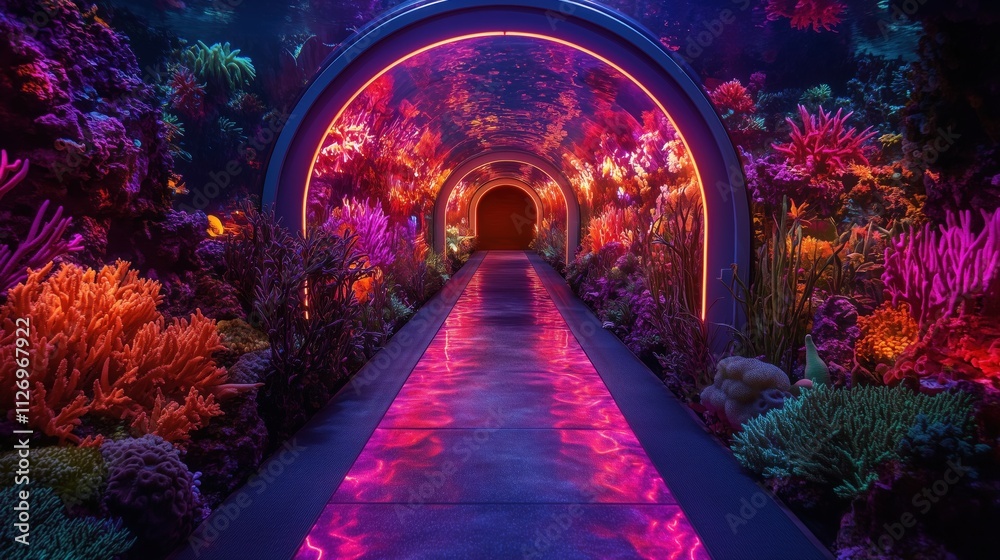 Fototapeta premium A magical underwater glass corridor surrounded by colorful coral and plants, leading to a luminous circular doorway with neon accents
