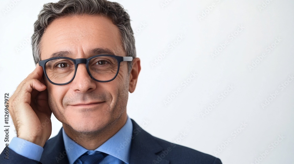 Confident Businessman in Suit Adjusting Glasses and Smiling on Plain Background Confident Businessman in Suit Adjusting Glasses and Smiling on Plain Background