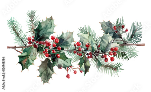 christmas decoration Holly leaves and pine branches  Watercolor vector illustration christmas border,festival set	