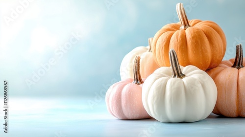 The small orange, white, and pink pumpkins against the pastel blue background create a charming and colorful contrast, evoking a sense of whimsy and playful charm. photo