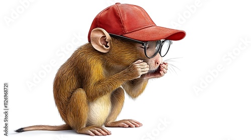 Cute monkey wearing red cap and glasses sitting thoughtfully, expressing emotions while surrounded by a bright white background, ideal for whimsical and playful themes photo