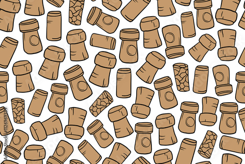 Seamless pattern of champagne and wine bottle corks in doodle style. Alcohol drinks. Great for bar menu, drink menu, wallpaper, banner, print. Vector illustration EPS10. Hand drawn