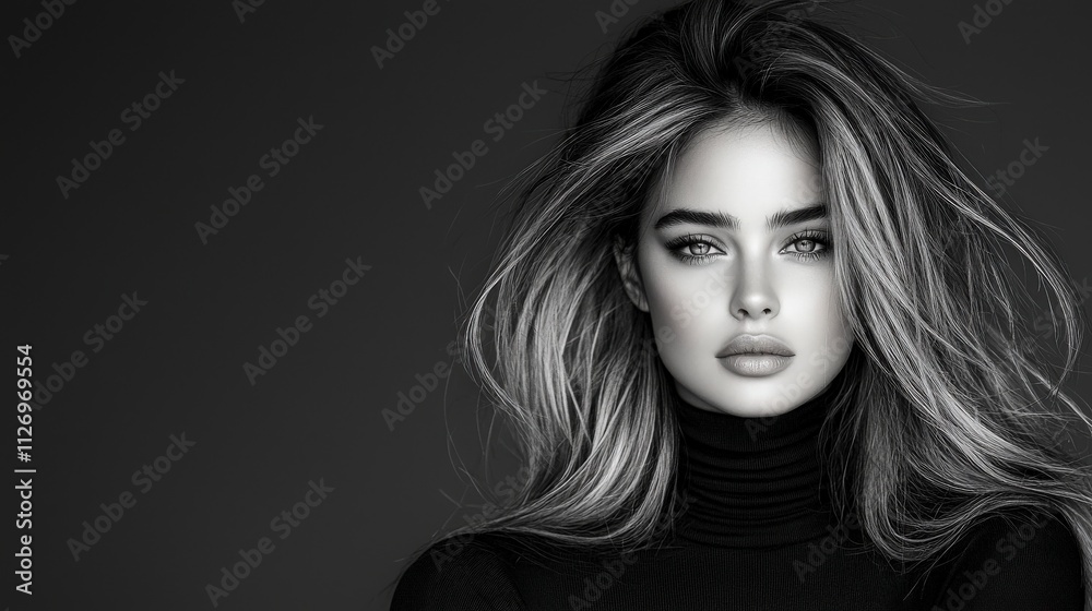 Elegant black-and-white fashion photograph featuring a young woman with a sharp jawline and long highlighted hair. She is dressed in a high-end black turtleneck sweater and gazes directly at Elegant black-and-white fashion photograph featuring a young woman with a sharp jawline and long highlighted hair. She is dressed in a high-end black turtleneck sweater and gazes directly at