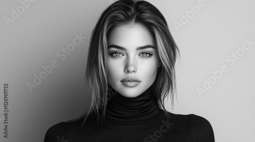 Elegant black-and-white fashion photograph featuring a young woman with a sharp jawline and long highlighted hair. She is dressed in a high-end black turtleneck sweater and gazes directly at 