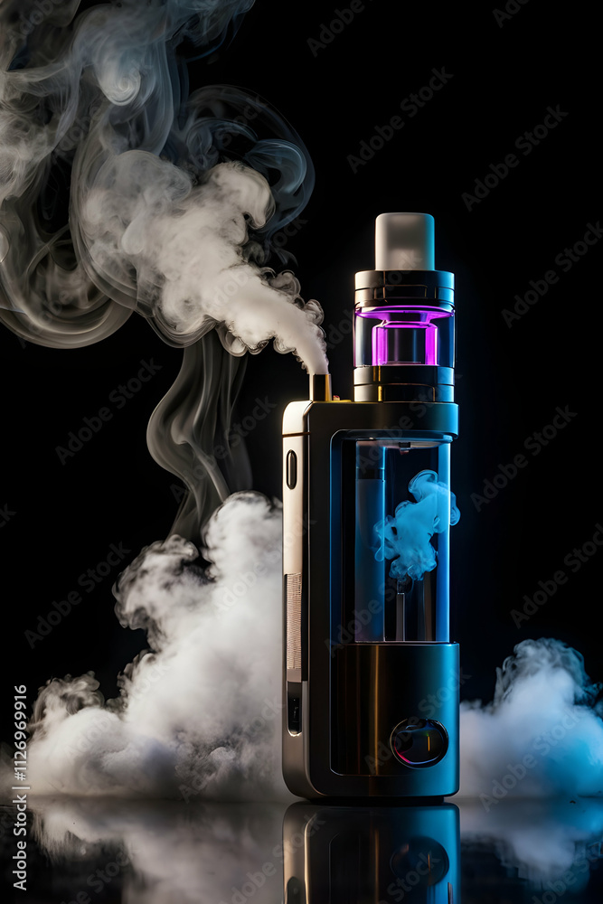 Sleek modern vape device emits large clouds of vapor on black background
Sleek modern vape device emits large clouds of vapor on black background