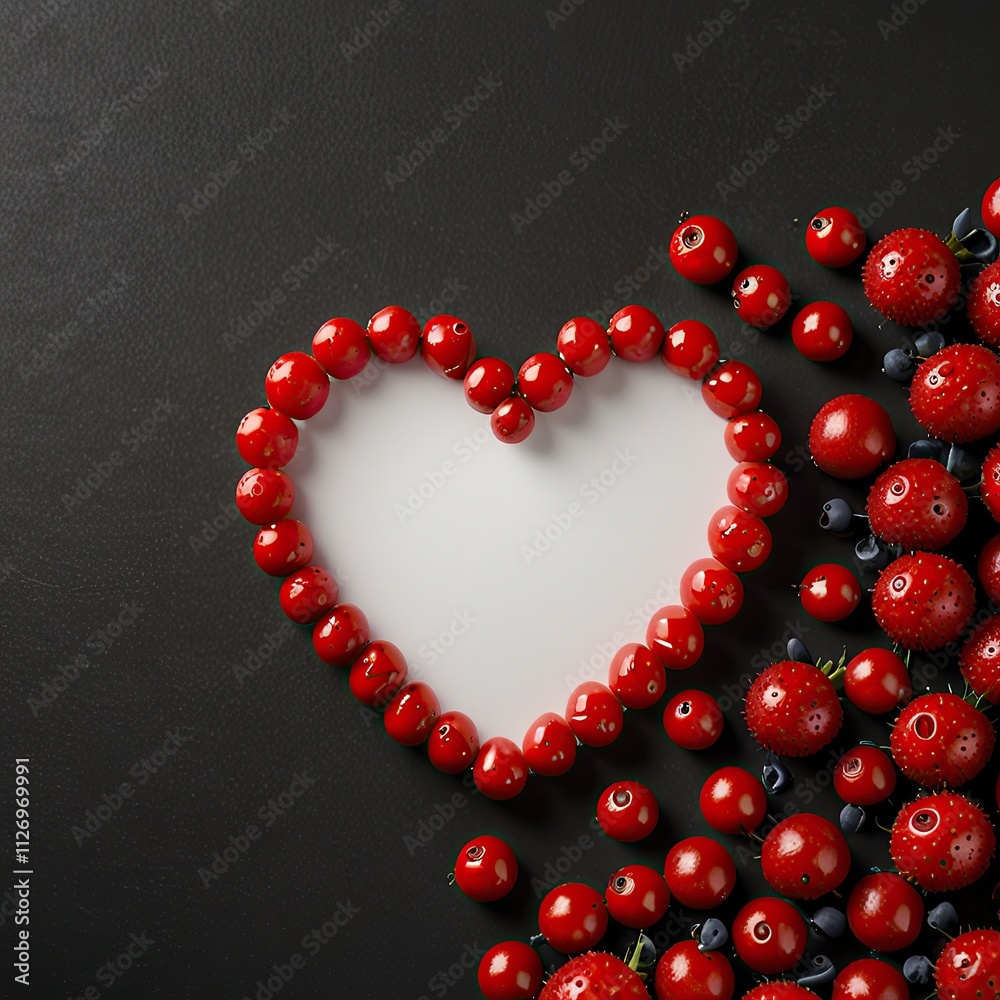 Valentine's day background with strawberries, raspberries, blueberries, blackberries and red heart on black background Valentine's day background with strawberries, raspberries, blueberries, blackberries and red heart on black background