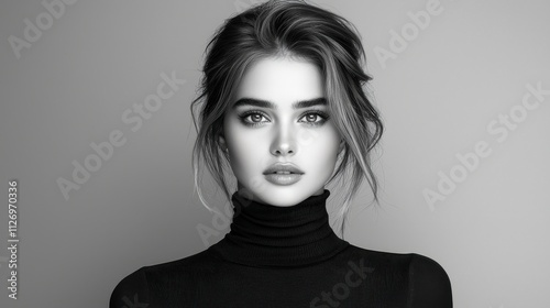 Monochromatic image of a poised woman in her mid-20s wearing a chic black turtleneck. Her highlighted hair frames her sharp jawline, and her confident stance enhances the minimalistic composition. 