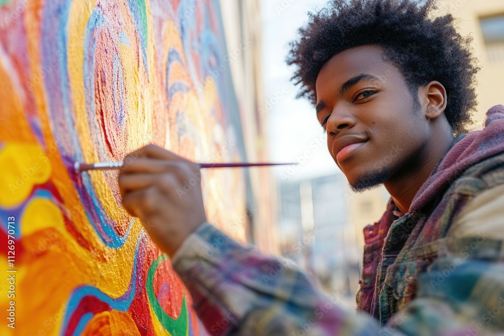 A talented young artist is focused on adding colorful patterns to a large mural in an urban setting. Wearing a plaid jacket, he skillfully uses a paintbrush, bringing life to the wall under the clear A talented young artist is focused on adding colorful patterns to a large mural in an urban setting. Wearing a plaid jacket, he skillfully uses a paintbrush, bringing life to the wall under the clear