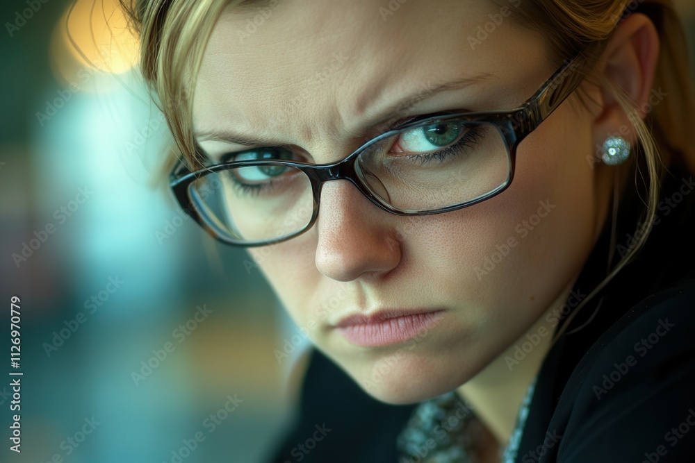 A young woman with glasses displays a serious expression while seated in a bustling coffee shop. Her intense gaze suggests deep thought or concern, capturing the ambiance around her during a busy afte A young woman with glasses displays a serious expression while seated in a bustling coffee shop. Her intense gaze suggests deep thought or concern, capturing the ambiance around her during a busy afte