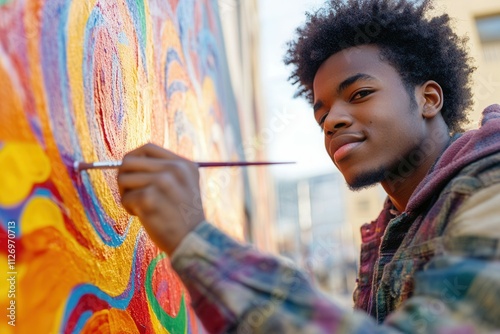 A talented young artist is focused on adding colorful patterns to a large mural in an urban setting. Wearing a plaid jacket, he skillfully uses a paintbrush, bringing life to the wall under the clear  photo