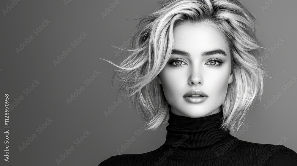 Portrait of a confident woman in her mid-20s, captured in black and white. She is wearing a chic black turtleneck sweater, with her head slightly tilted, exuding sophistication and grace. Her Portrait of a confident woman in her mid-20s, captured in black and white. She is wearing a chic black turtleneck sweater, with her head slightly tilted, exuding sophistication and grace. Her