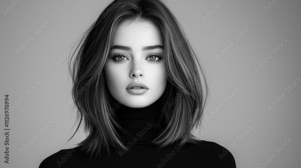 Striking monochrome photo of a young woman with long highlighted hair, a sharp jawline, and a solid black turtleneck sweater. Her direct gaze and confident posture complement the minimalist Striking monochrome photo of a young woman with long highlighted hair, a sharp jawline, and a solid black turtleneck sweater. Her direct gaze and confident posture complement the minimalist
