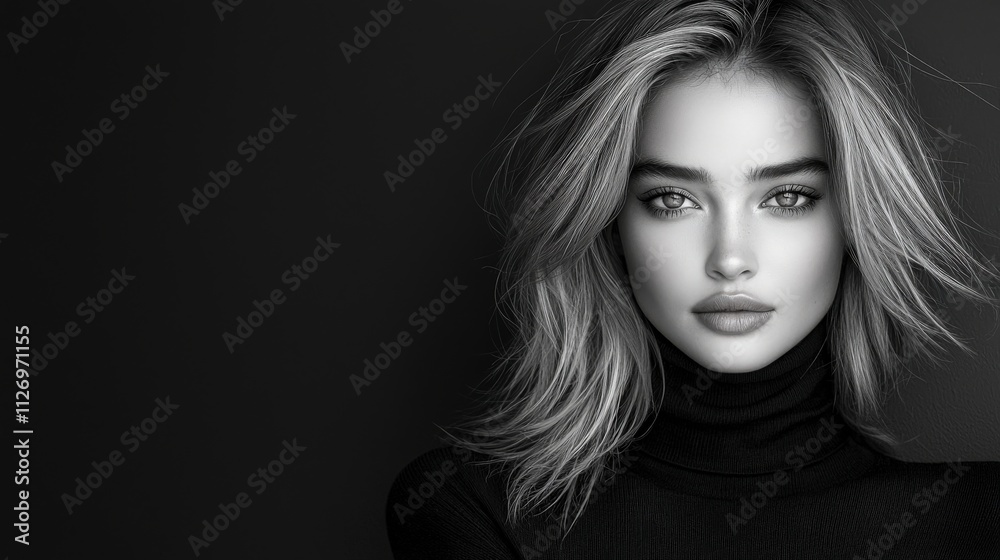 Striking monochrome photo of a young woman with long highlighted hair, a sharp jawline, and a solid black turtleneck sweater. Her direct gaze and confident posture complement the minimalist Striking monochrome photo of a young woman with long highlighted hair, a sharp jawline, and a solid black turtleneck sweater. Her direct gaze and confident posture complement the minimalist